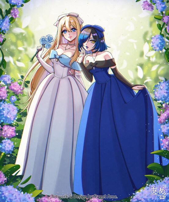 Illustration featuring Original Characters Norene and Lilith wearing matching dresses in a floral garden during the morning.