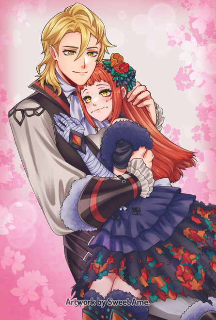 Comm_AmberxPanette Half body illustration featuring Amber tenderly holding Pannette. Both characters are from Fire Emblem Engage. Commission.