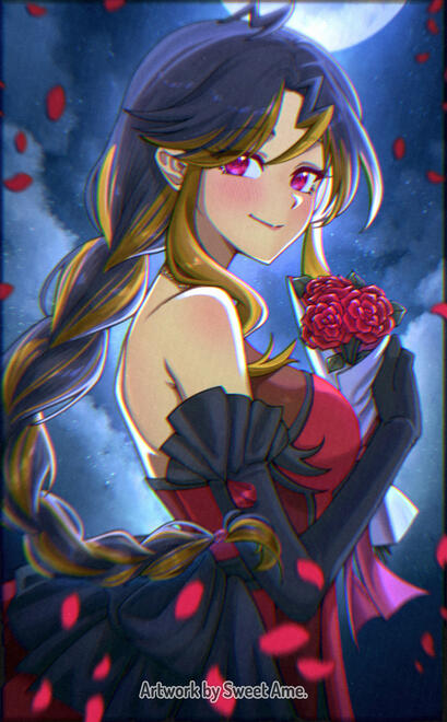 Moonlight Illustration featuring Original Character Sephora wearing an elegant dress at night with a small bouquet of roses.