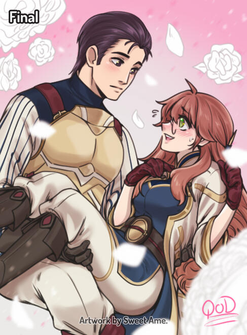 InYourArms Pinup illustration featuring original character Athene falling in the arms of Reinhardt from Fire Emblem Thracia 776, wearing his Resplendent attire from Heroes.