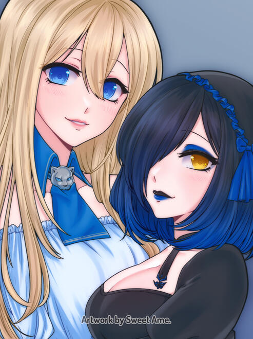 Birthday4Darin Portrait featuring original characters Norene and Lilith, smiling at the viewer. Birthday gift.