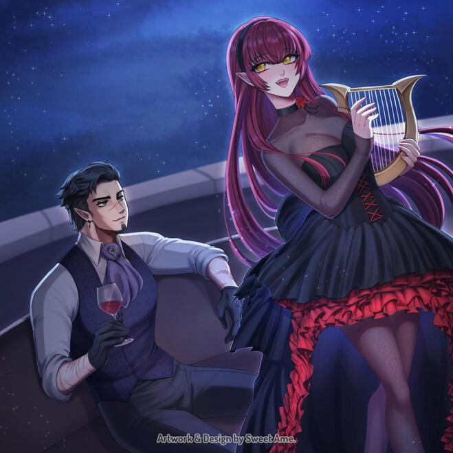 Night date scene featuring two original characters, a man and a woman, having a date late at night.