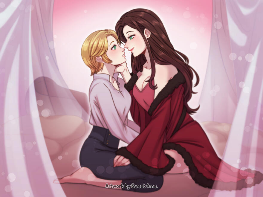 DorotheaxIngrid Full body composition featuring Dorothea and Ingrid from Fire Emblem Three Houses, sharing an intimate moment in their chambers.