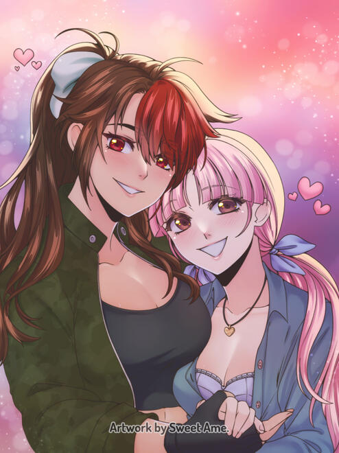 Valentines An illustration featuring two young women looking happily at the viewer, their hands holding as a couple. Valentine's Day gift.