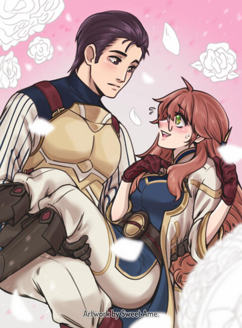 Pinup illustration featuring original character Athene falling in the arms of Reinhardt from Fire Emblem Thracia 776, wearing his Resplendent attire from Heroes.