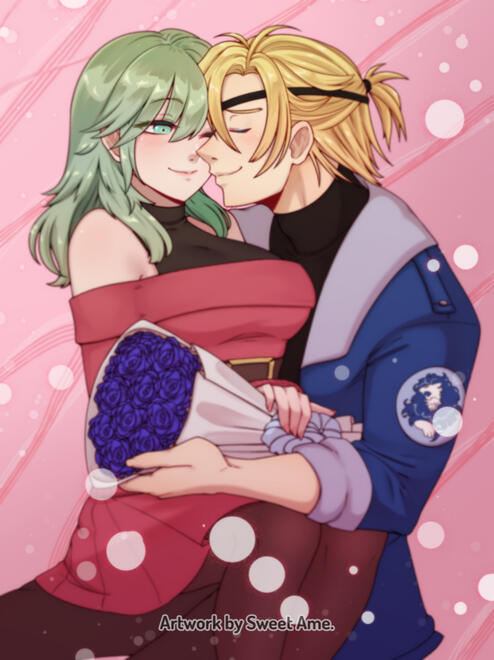 Dimileth_Modern Half body illustration featuring Female Byleth and Dimitri from Fire Emblem Three Houses, wearing modern looking costumes.