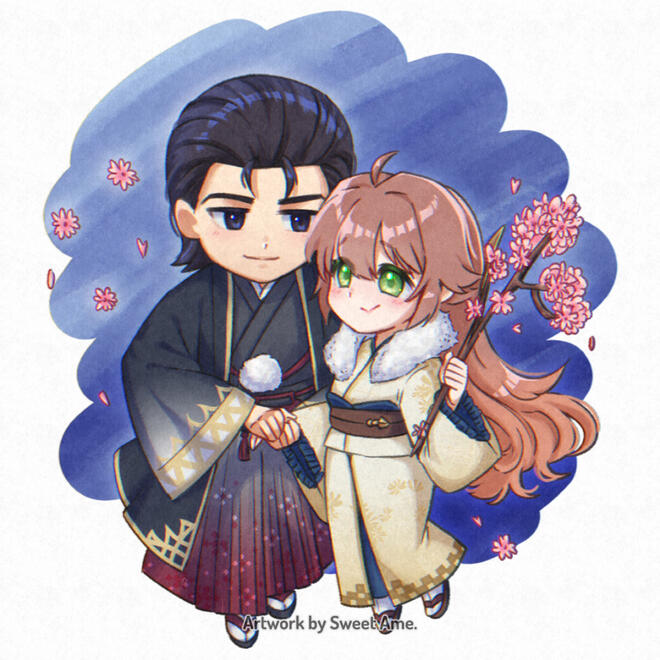 NewYear2025 Chibi illustration featuring original character Athene and Reingardt from Fire Emblem Thracia 776, both of them wearing custom New Year yukata.