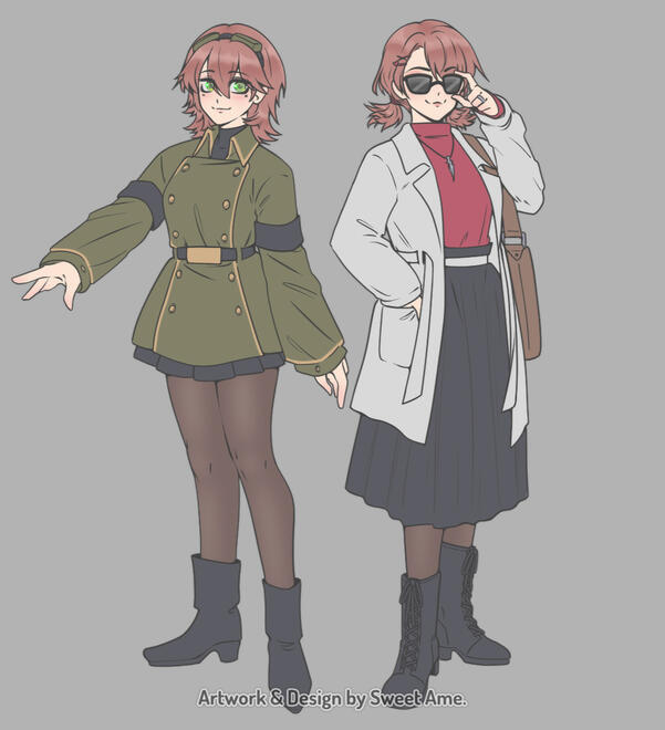 Full body illustration featuring two costume designs for original character Agatha.