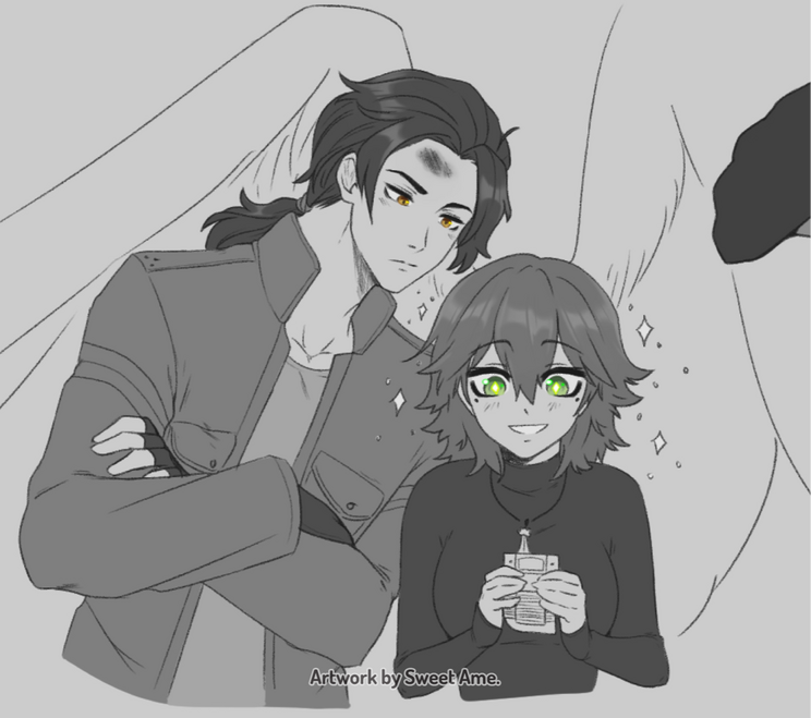 Gamers Sketch featuring original characters Xavier and Agatha, playing videogames together.