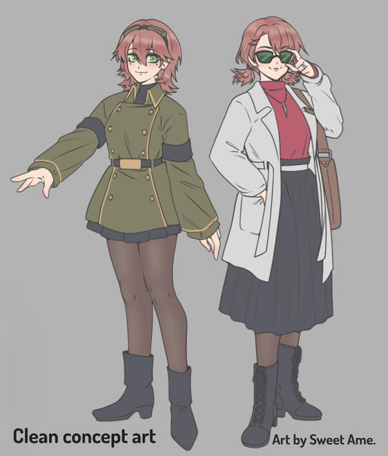 Agatha_Costumes Full body illustration featuring two costume designs for original character Agatha.