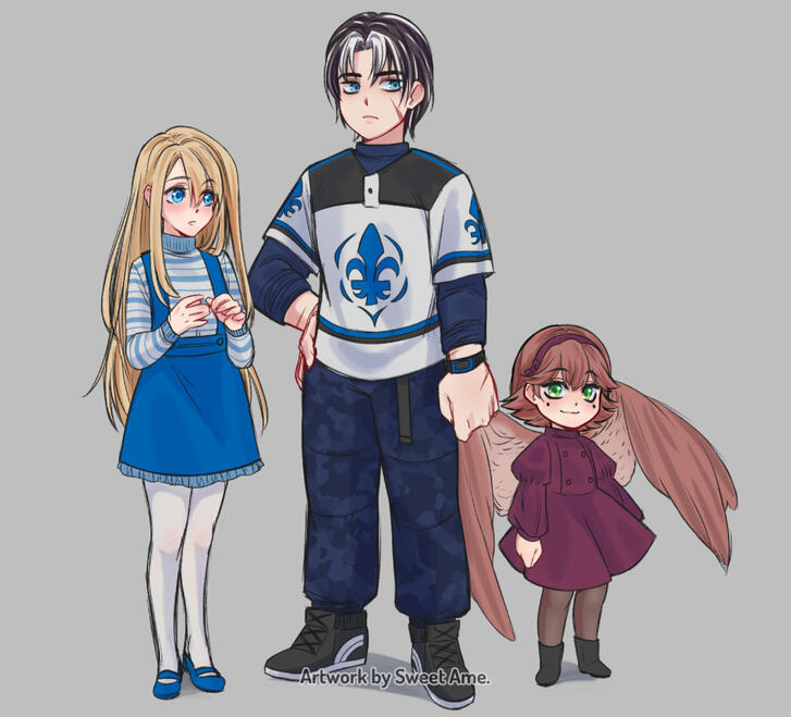 Children Full body character design sketch featuring three original characters: Norene, Curtis and Agatha, in their childhood.