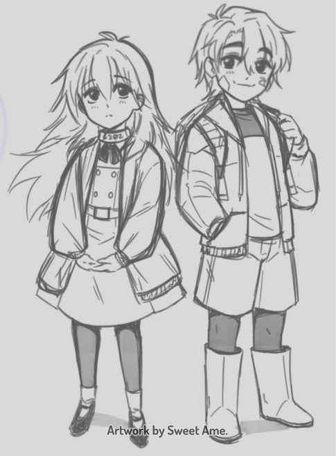 Lost_Children Concept sketches featuring original character twins, Dima and Mila, wearing their everyday clothes and displaying their personalities.