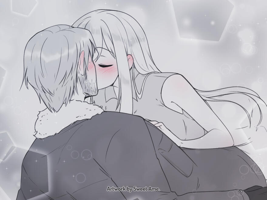 My_Hero Sketch featuring a tender kiss between original characters Norene and Levi.