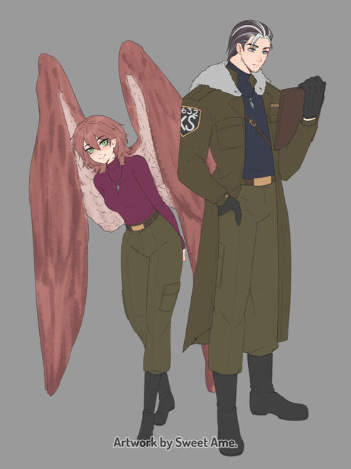 AgathaAndCurtis Full body sketches featuring original characters Agatha and Curtis wearing military inspired uniforms.