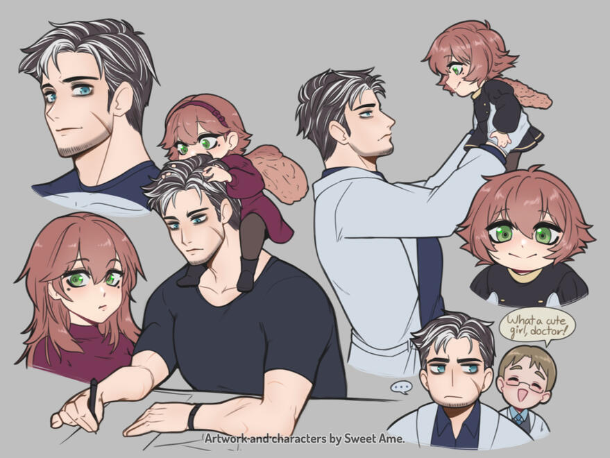 WhatYouMean Sketch sheet featuring original characters Agatha and Curtis at a younger age.