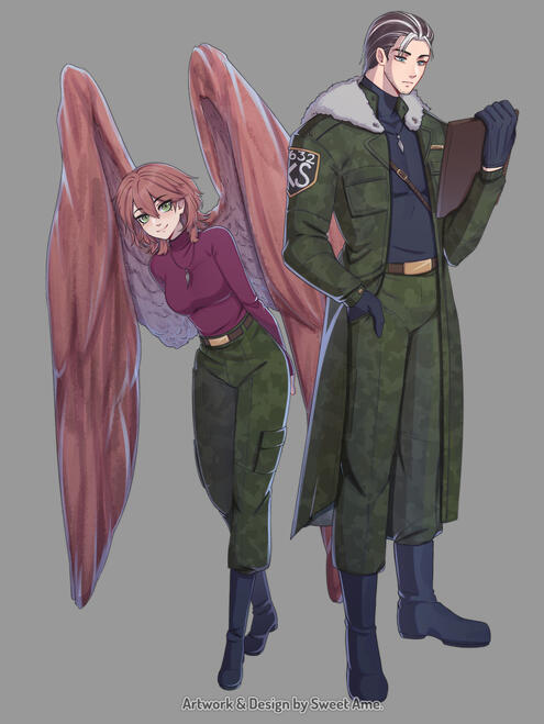 AgathaAndCurtis Full body sketches featuring original characters Agatha and Curtis wearing military inspired uniforms.