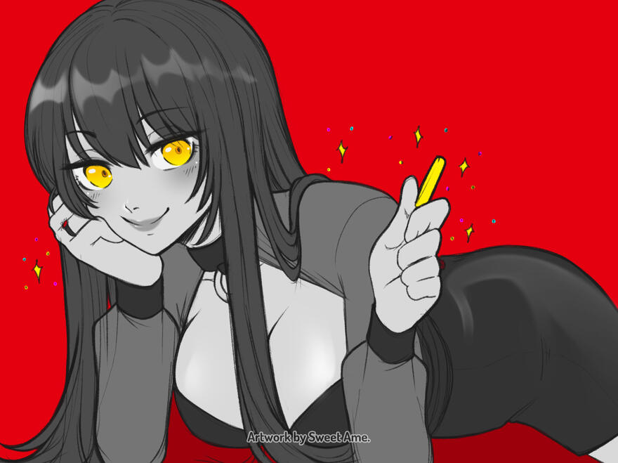 Coin Three-chromatic sketch featuring original character Elira holding a coin on her hand.