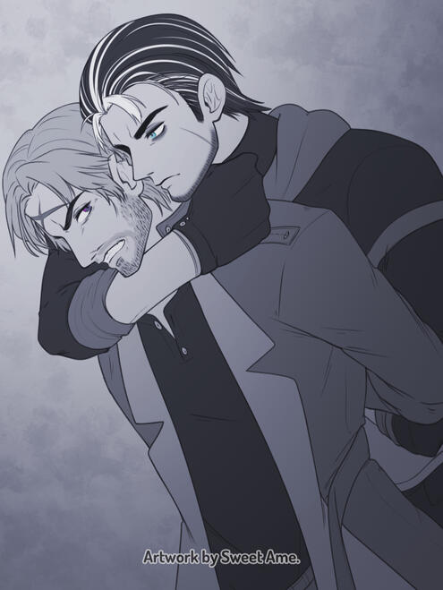 Chastise Illustration featuring two original male characters in an action scene. OC Curtis is restraining OC Levi from behind.